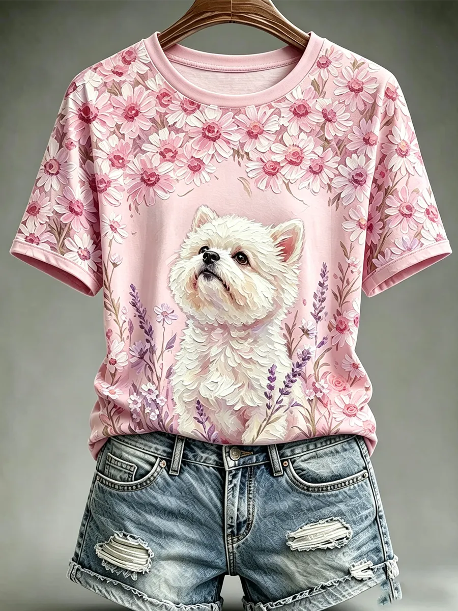 Women's Oil Painting Animal Dog Printed Vintage Fashion Loose Short Sleeve T-Shirt