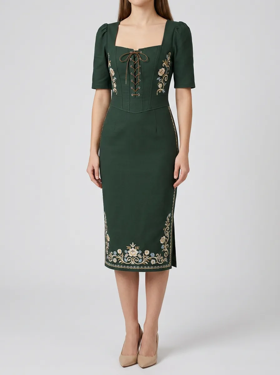 Women's Floral Lace-Up Folk Fitted Dress