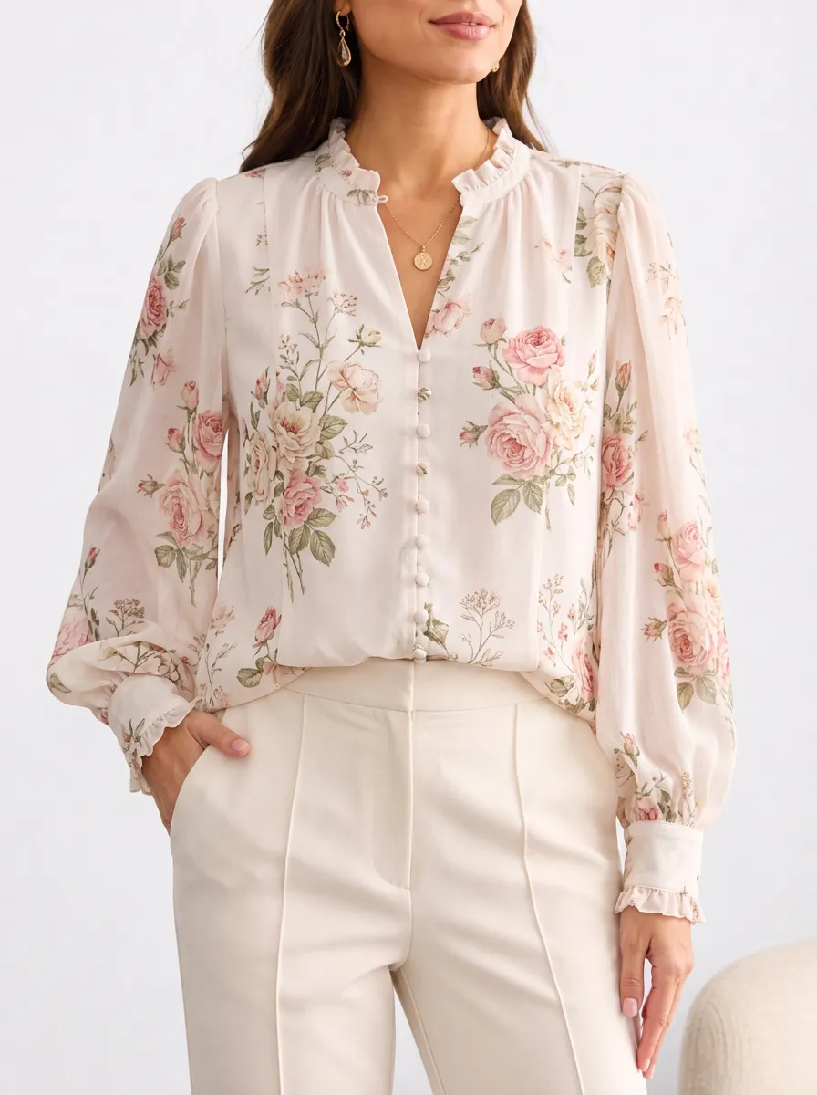 Women's Vintage Floral Rose Printed Button-Down Blouse