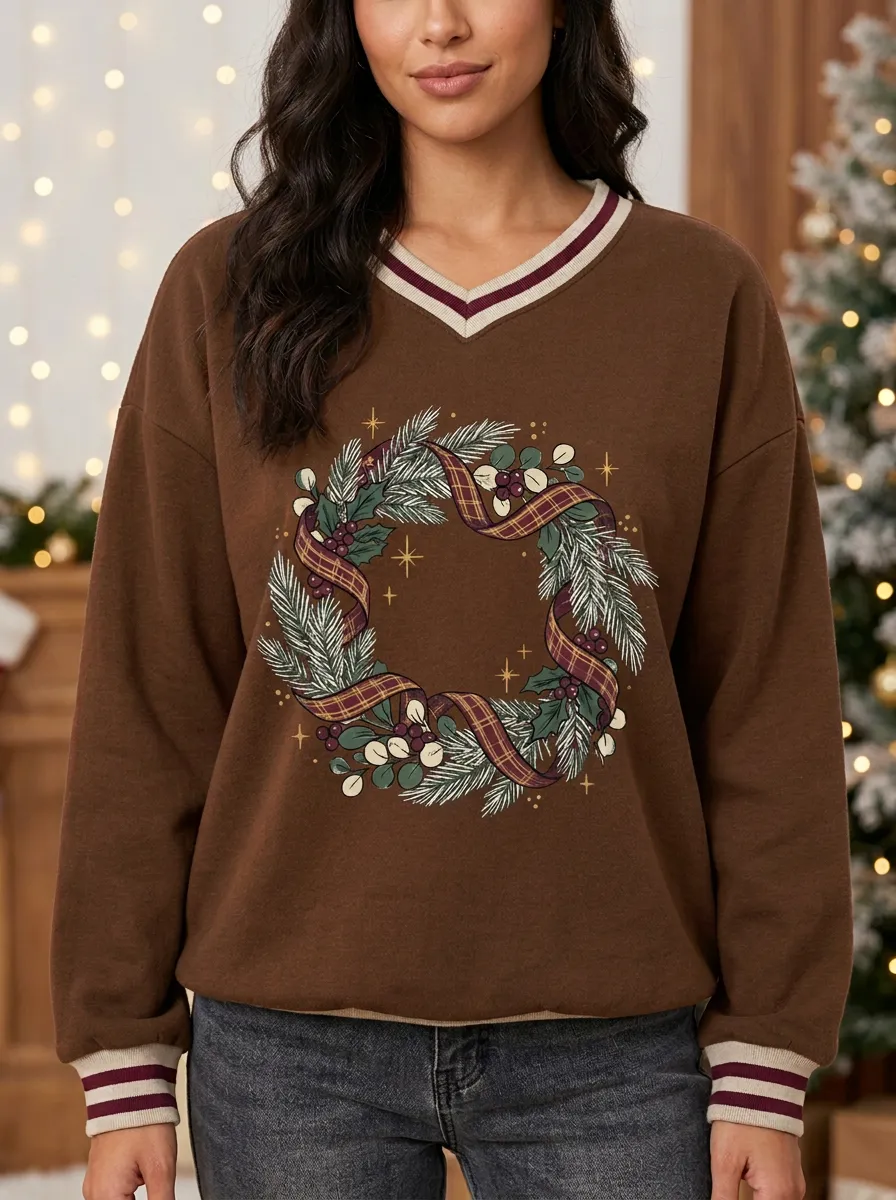 Christmas Holiday Plaid Wreath Print Sweatshirt