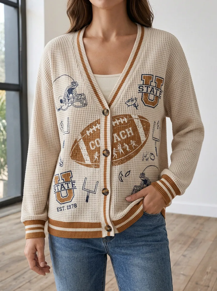 Women's Football Coach State Graphic Printed Waffle Knit Cardigan