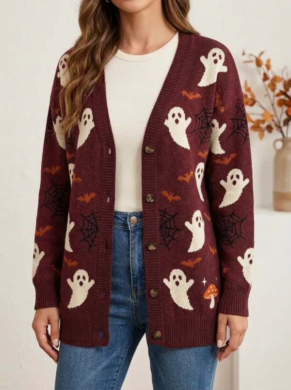Women's Halloween Ghost Bat Spiderweb Patterned Knit Cardigan