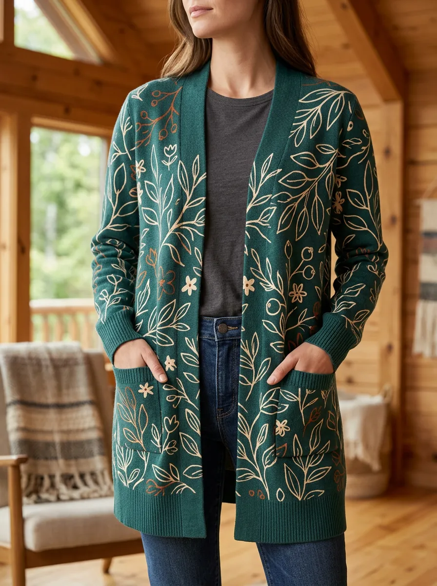 Women's Nature Lover Botanical Leaf Printed Long Sleeve Everyday Layering Cardigan