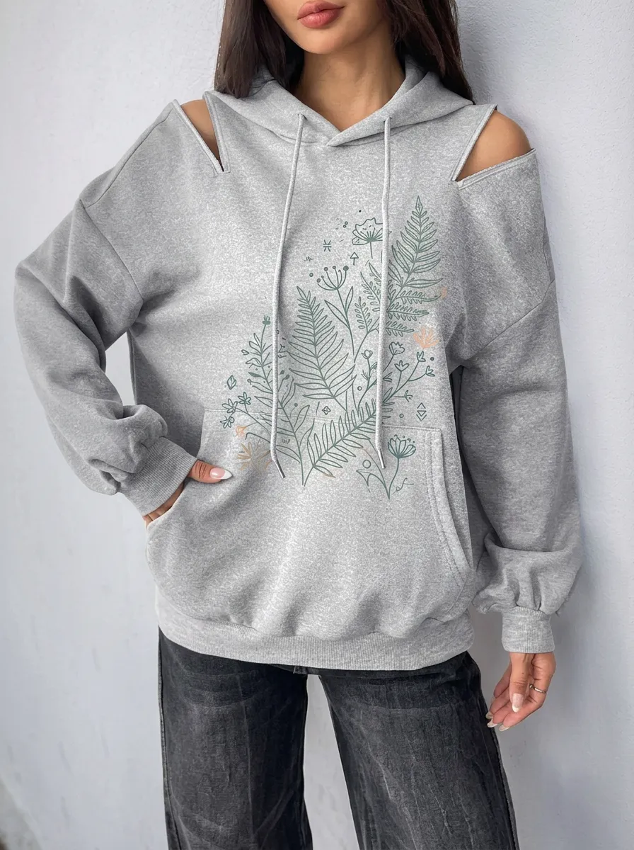 Women's Botanical Fern Floral Printed Cold Shoulder Hoodie