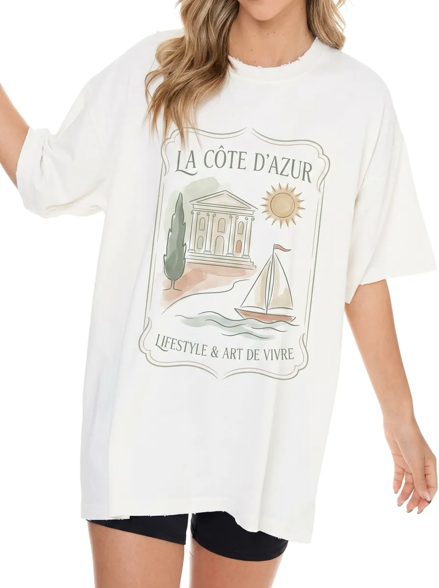 Women's French Riviera Travel Aesthetic Sailboat Printed T-shirt