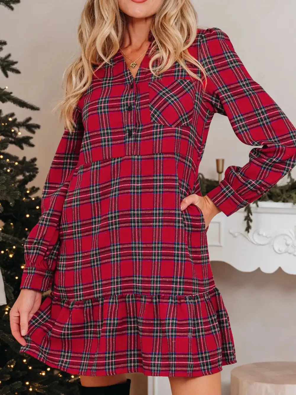 Plaid Half Button Ruffle Mini Dress