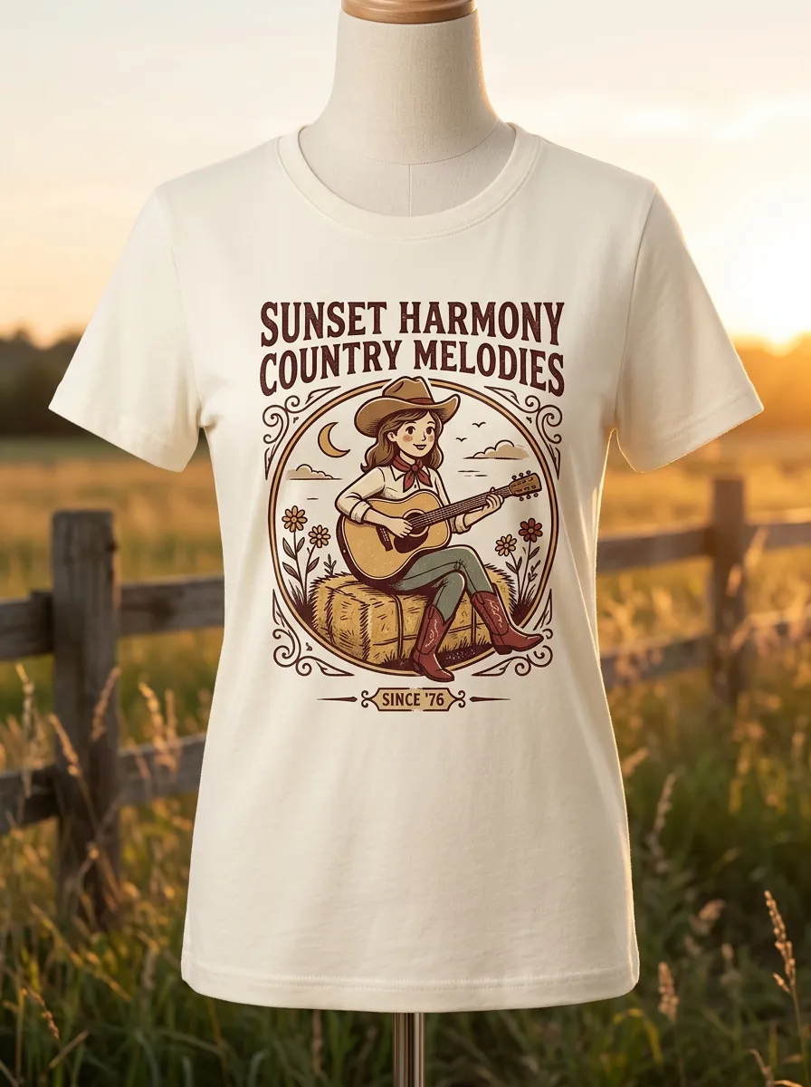 Western-Inspired Country Music Cowgirl Guitar Crew Neck T-Shirt