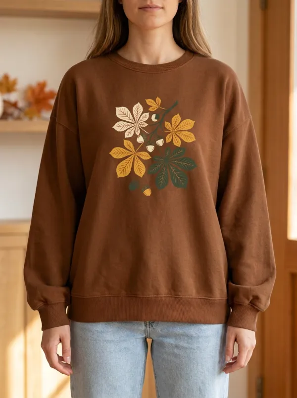 Everyday Printed Acorn Leaf-Motif Graphic Sweatshirt