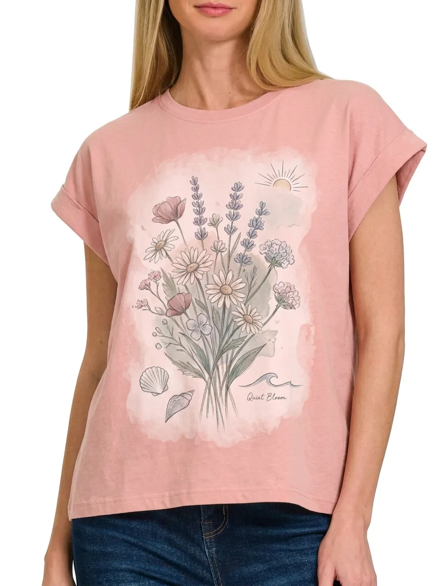 Women's Floral Beach Nature Lover Wildflower Seashell Printed T-shirt