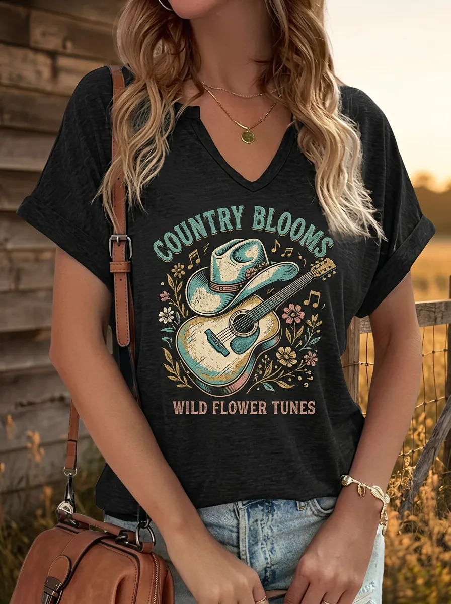 Cowboy Cowboy-Hat Floral Custom Country Music V-Neck T-Shirt