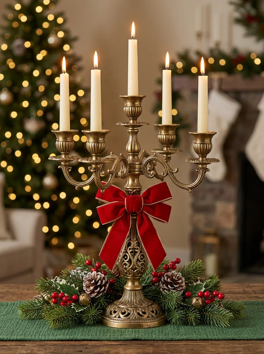 Decorative Pinecone Bow Candelabra Centerpiece