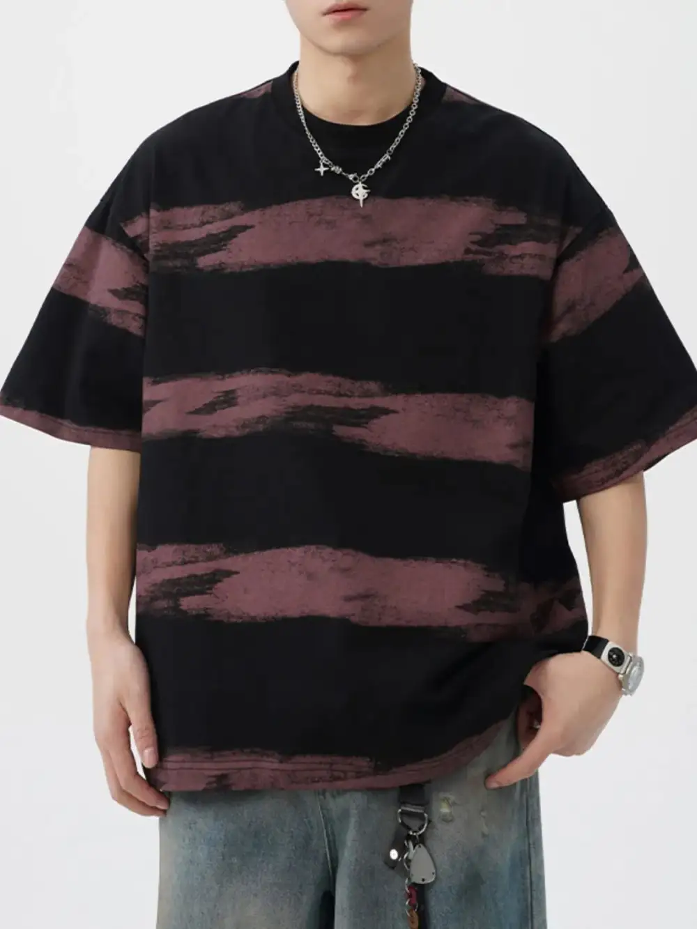 Textured Striped Crew Neck Tee