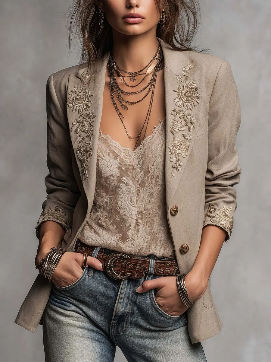 Boho Western Light Khaki Linen Blend Beige‑Gold Floral Embroidered Lapel Blazer
