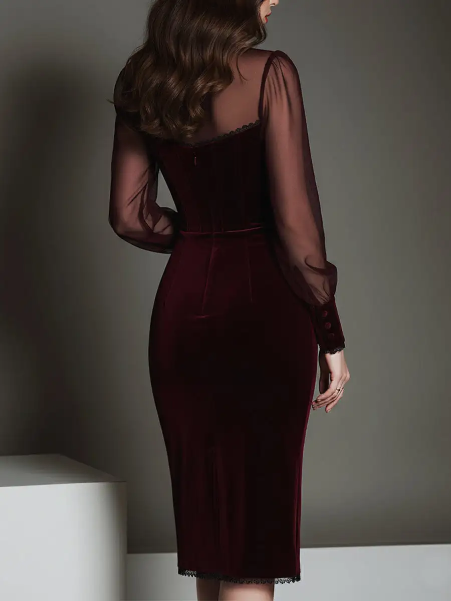 Elegant Mesh Polyester Velvet Stitching Sweetheart Neckline Slim Midi Dress