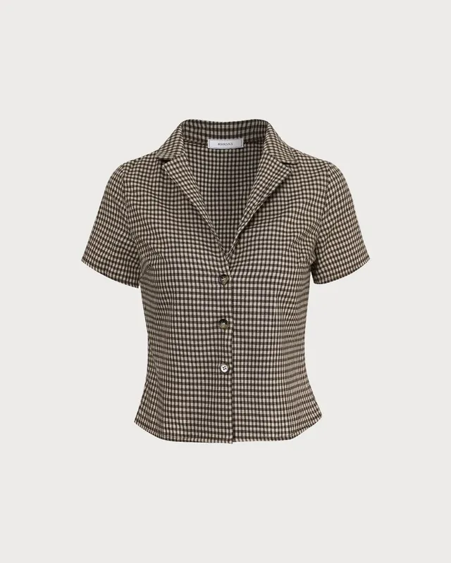 Brown Lapel Gingham Short Sleeve Blouse