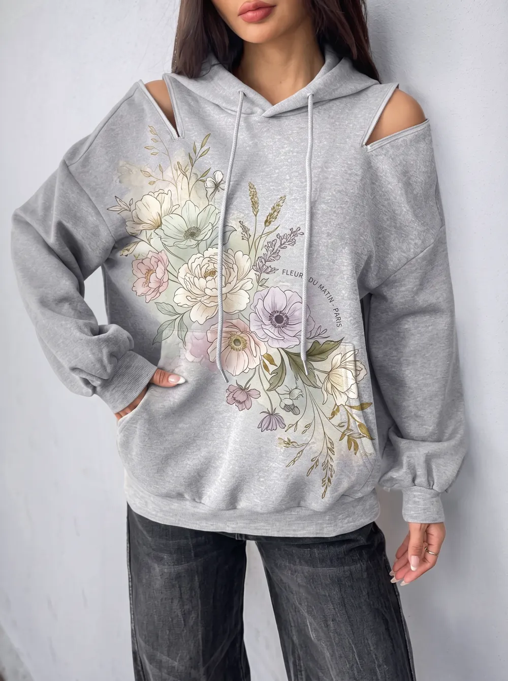 Women's Floral Paris Art Cold Shoulder Printed Hoodie