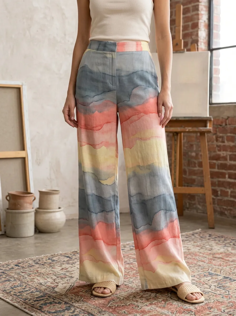 Women's Modern Watercolor Landscape Pattern Printed Wide Leg Pants