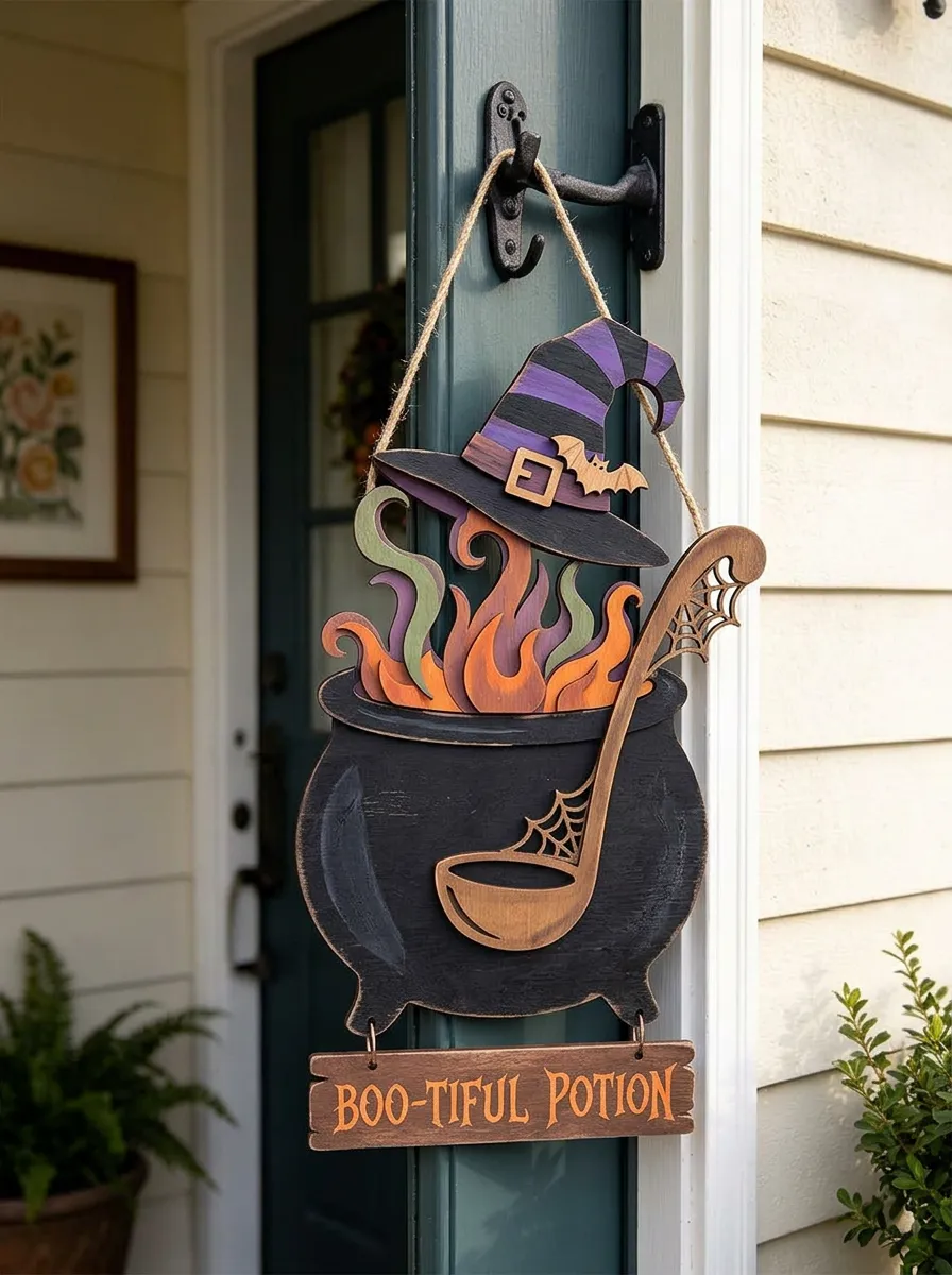 Halloween Witch Potion Cauldron Hanging Door Sign