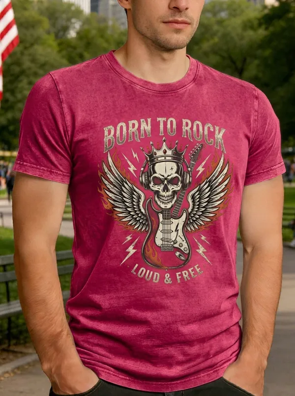 Men's Rock Music Lover Skull Guitar Wings Printed T-shirt