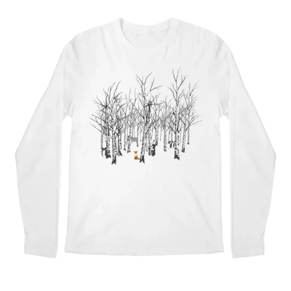 Men's Casual Artistic Forest Fox Print Long-Sleeve Tee