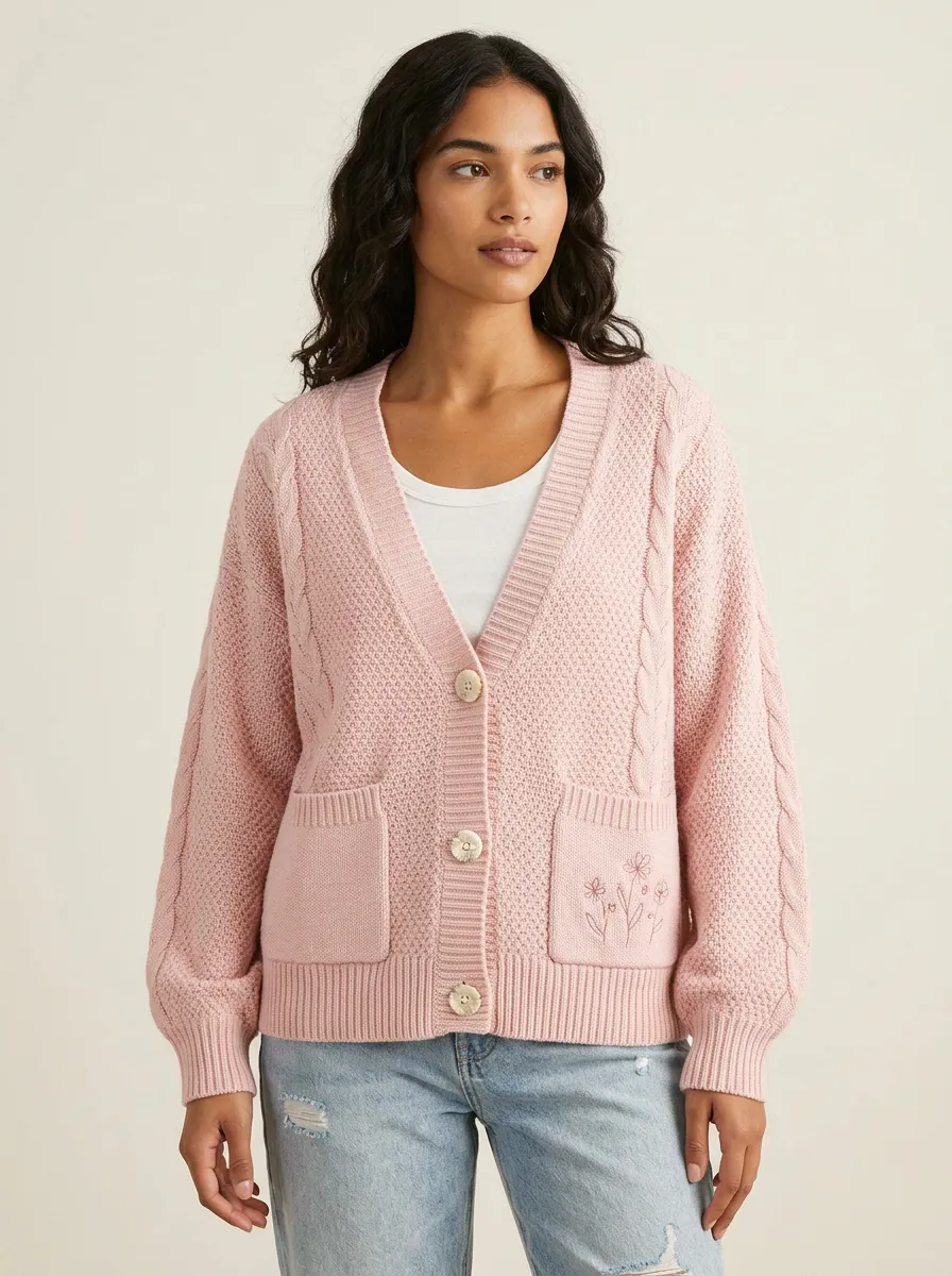 Women's Floral Embroidered Pink Cable Knit Button Cardigan