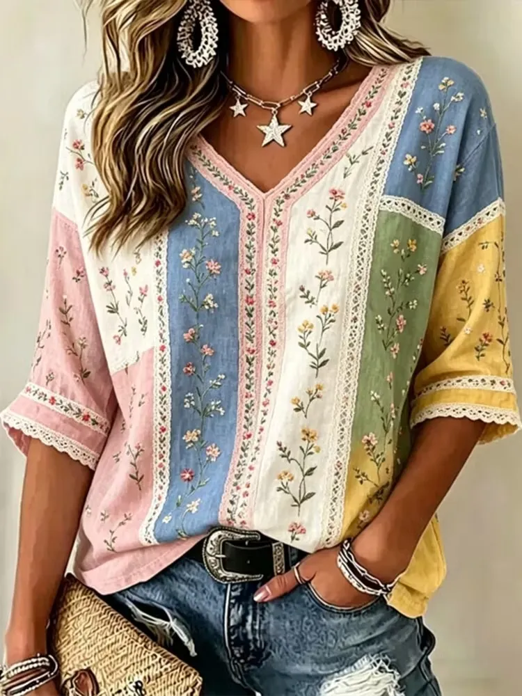 Women's Pink Floral Lace Artistic Cotton Linen Casual V-Neck Top