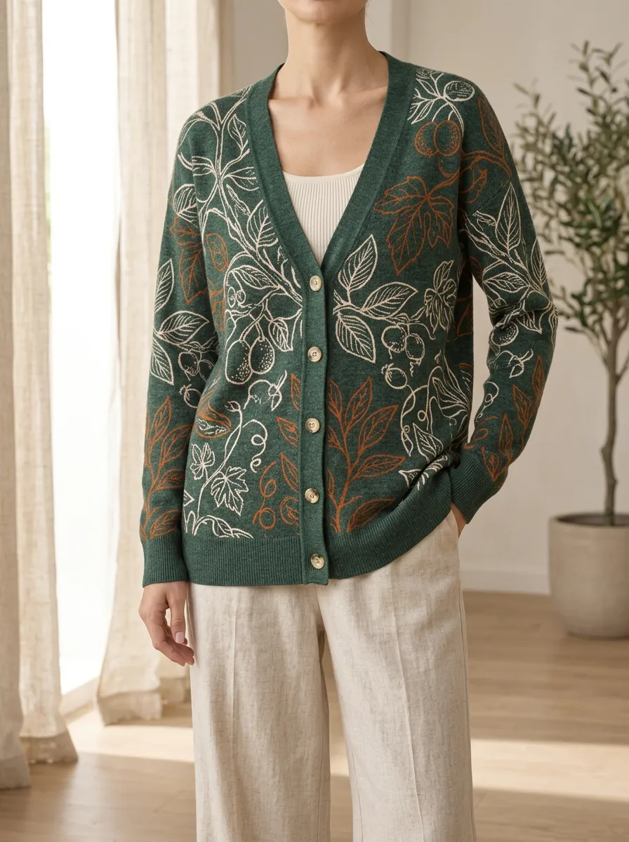 Women's Botanical Nature Lover Fruit Leaves Printed Cardigan