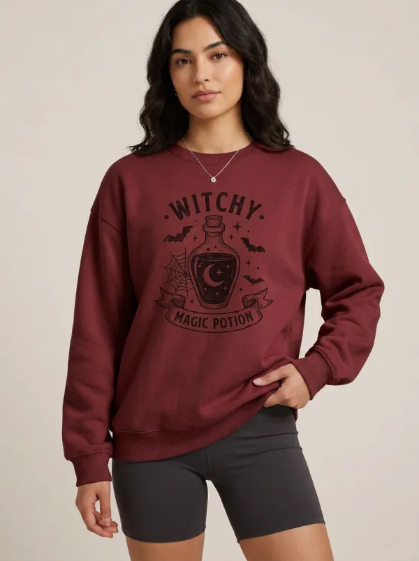 Women's Halloween Witchy Magic Potion Bat Printed Sweatshirt