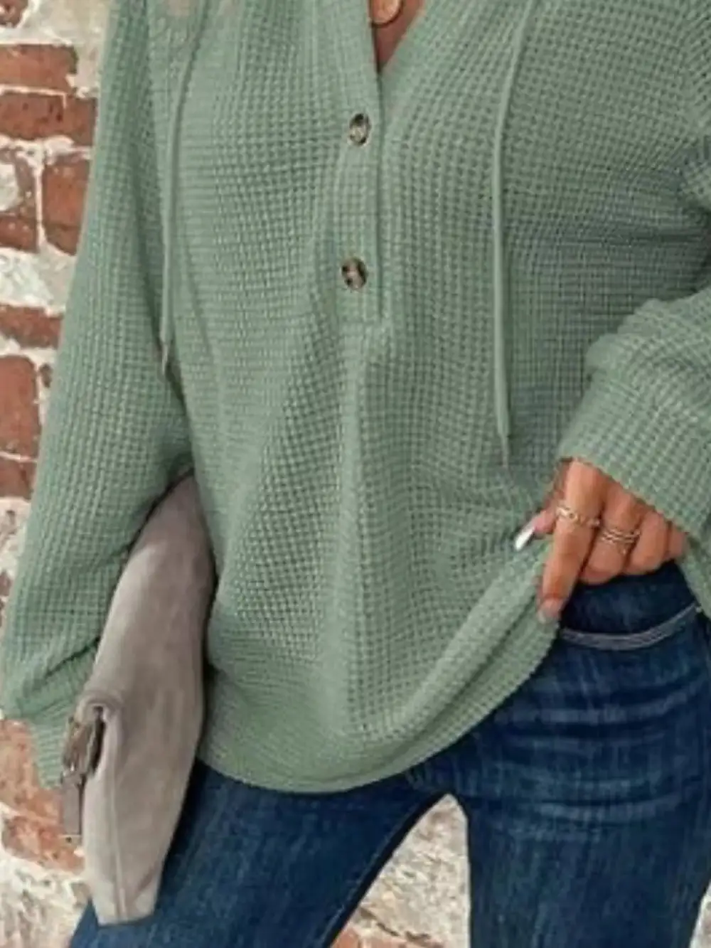 Drawstring Buttoned Pocketed Waffle-Textured Hoodie