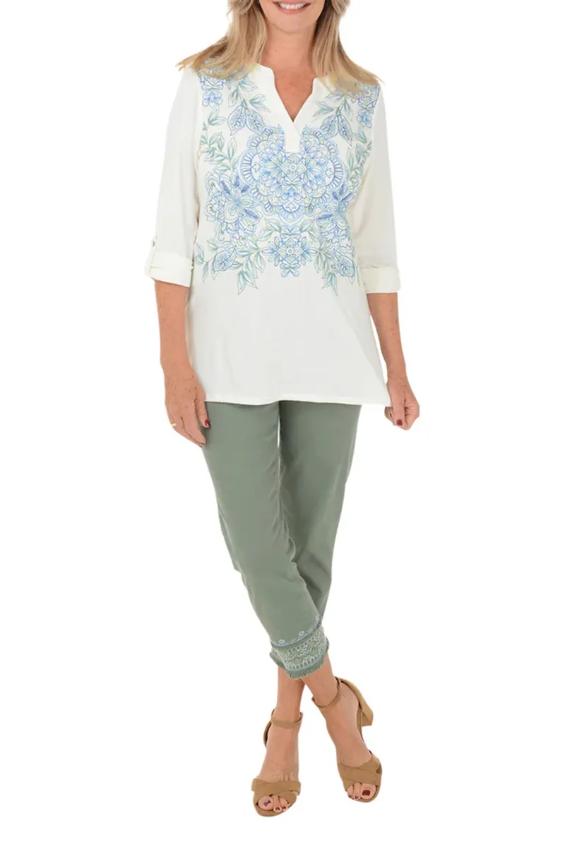 Paisley Patch Embroidered Green Denim Ankle Pant