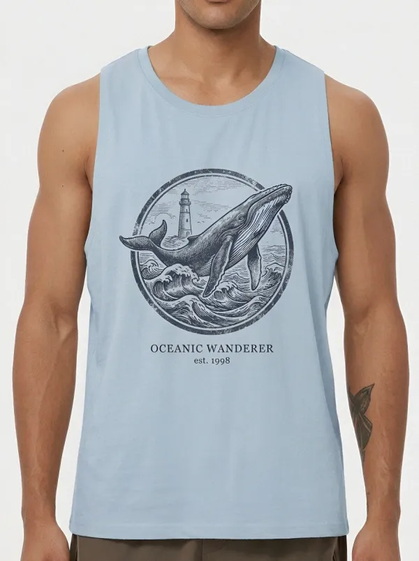 Men's Nautical Ocean Whale Lighthouse Printed Tank Top