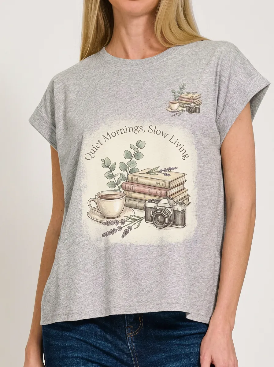 Women's Book Coffee Camera Lover Quiet Mornings Printed T-shirt