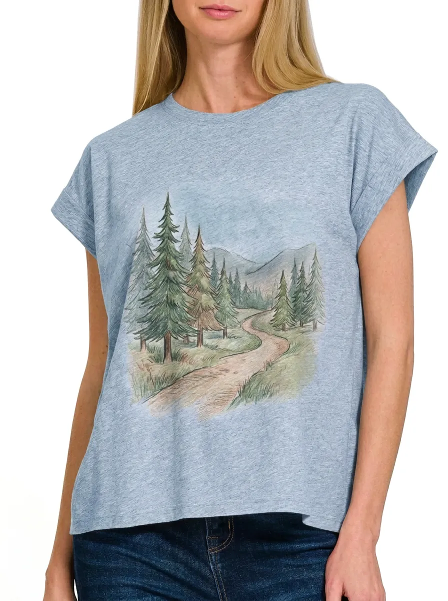 Women's Nature Lover Forest Path Sketch Printed T-shirt