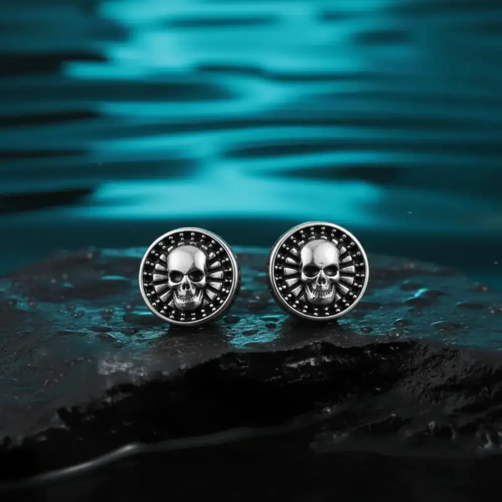 Men's Barbell Skull Stud Earrings