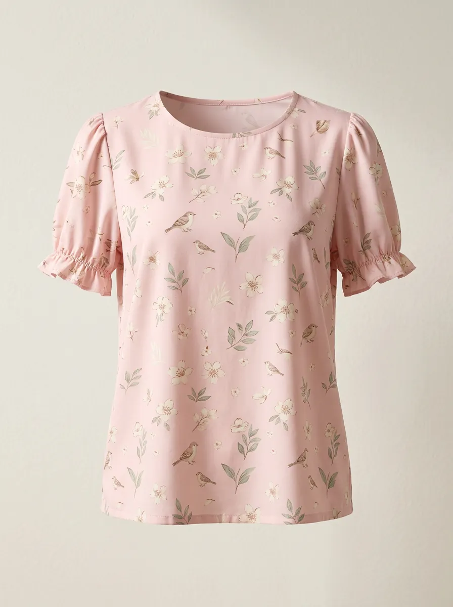 Cherry Blossom Bird Nature Women's Loose Printed T-Shirt