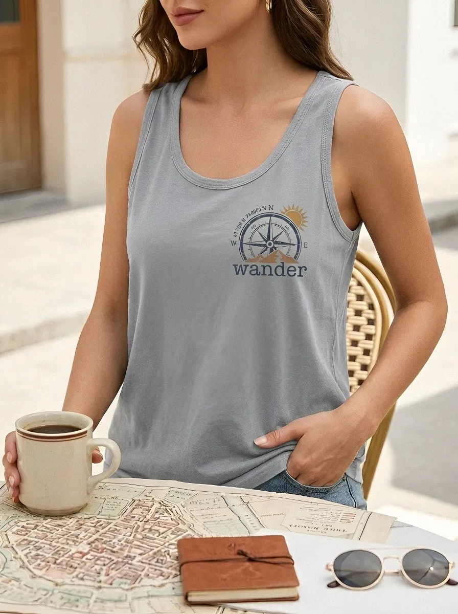 Women's Travel Lover Compass Mountain Wander Printed Tank Top