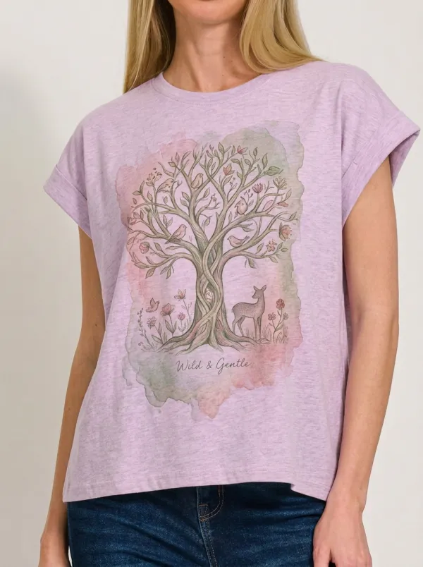 Women's Nature Lover Deer Tree Watercolor Printed T-shirt