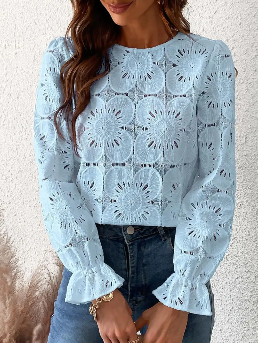 Openwork Lace Long Sleeve Blouse