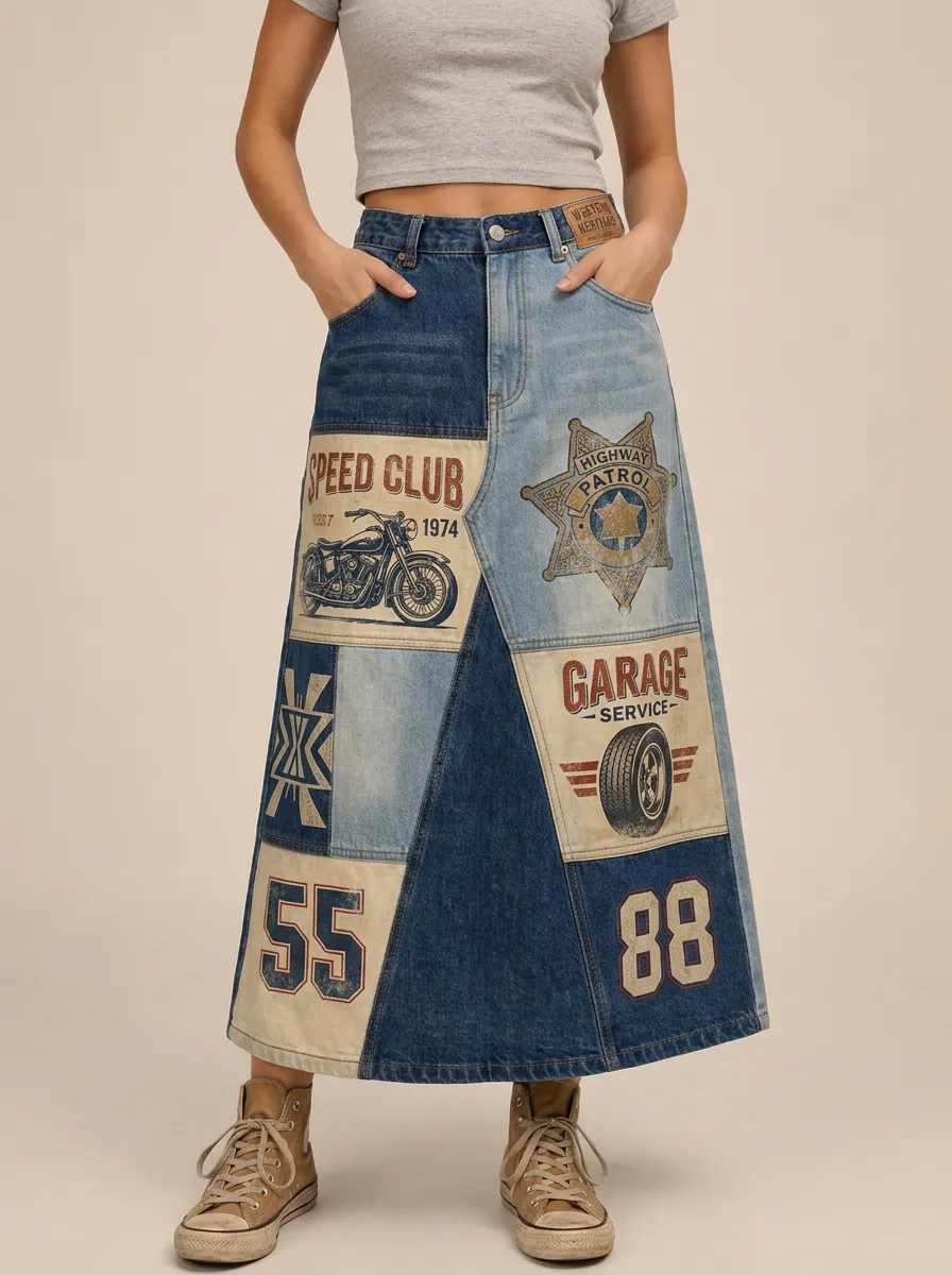 Women's Vintage Biker Garage Patchwork Printed Denim Skirt