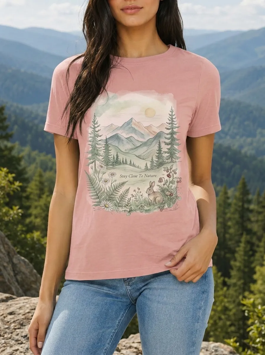Women's Nature Lover Mountain Rabbit Forest Printed T-shirt