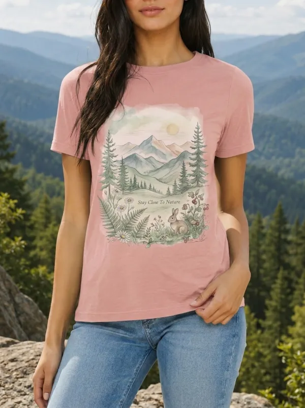 Women's Nature Lover Mountain Rabbit Forest Printed T-shirt