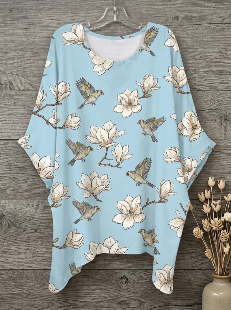 Bird Magnolia Nature Women's Loose Printed T-Shirt