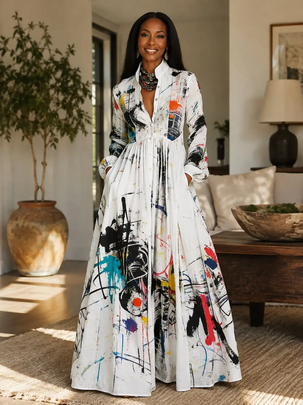 🌿Women's Long Sleeve Printed Maxi Shirt Dress👗