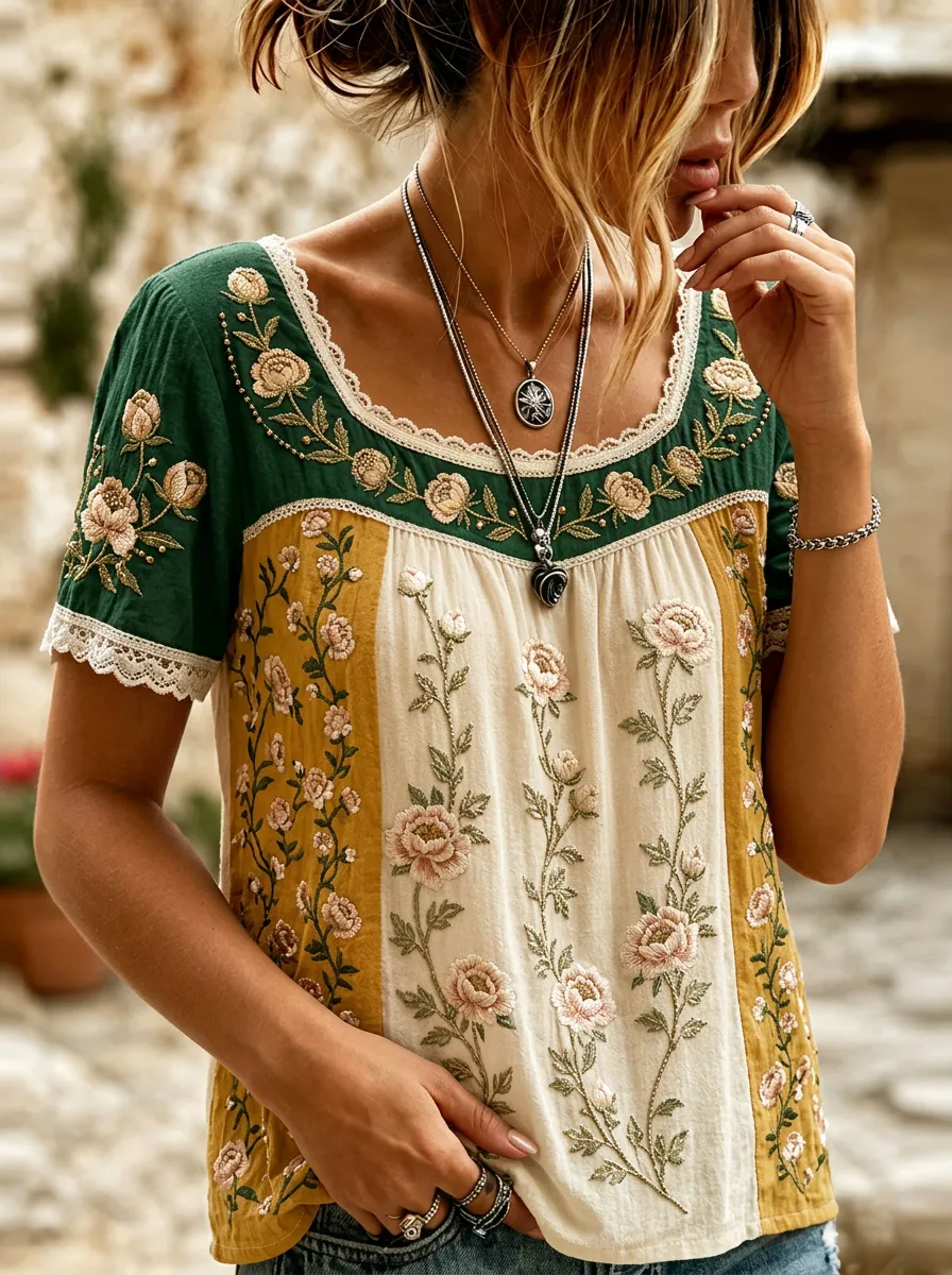 Women's Boho Floral Embroidered Vintage Style Printed T-shirt