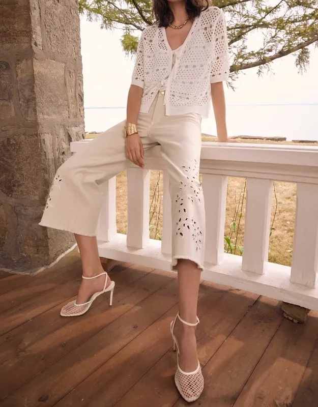 Cotton Embroidered Eyelet Wide Leg Jeans