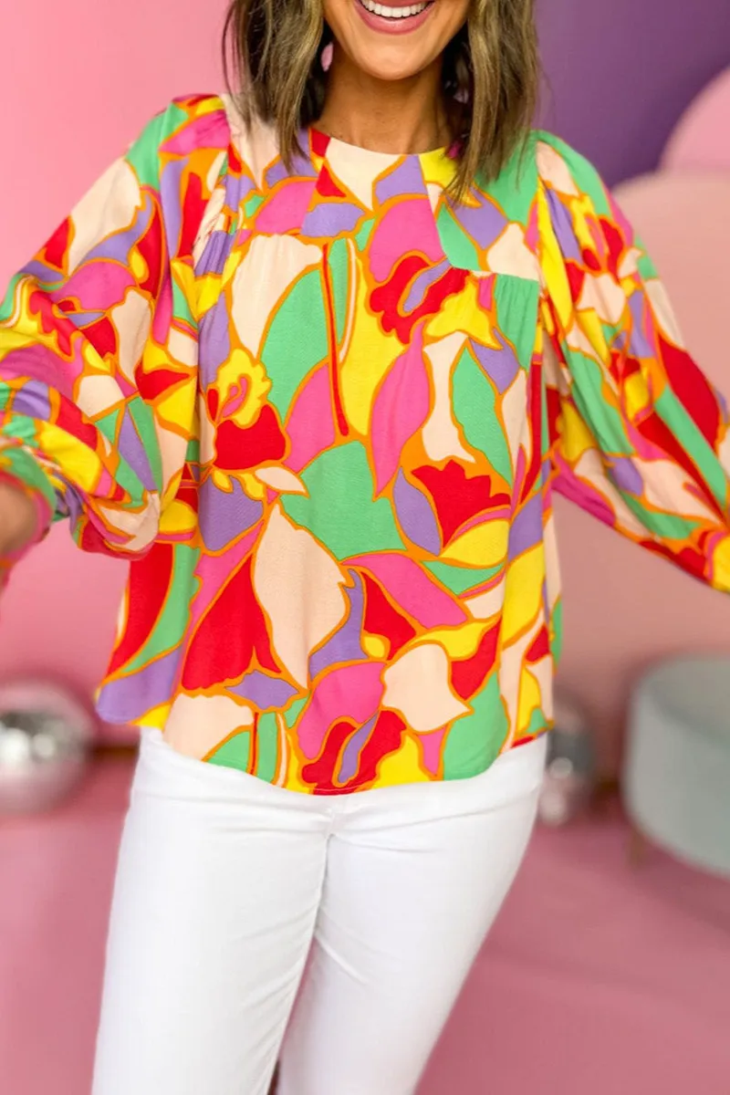Abstract Print Puff Sleeve Blouse