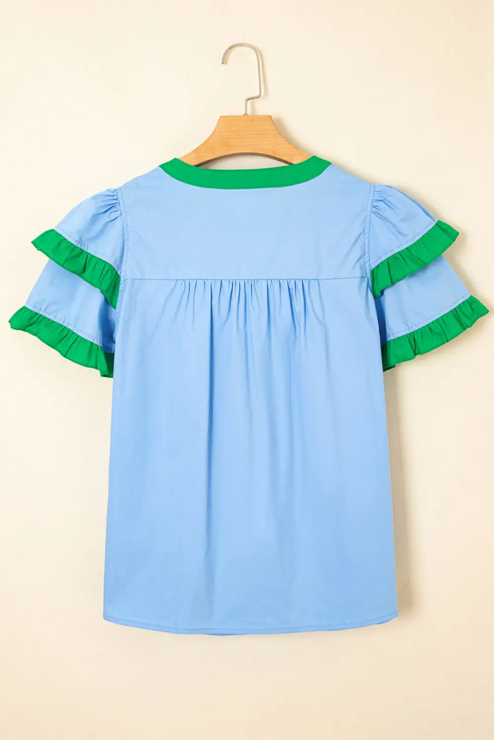 Frilled Notched Neck Short Sleeve Blouse