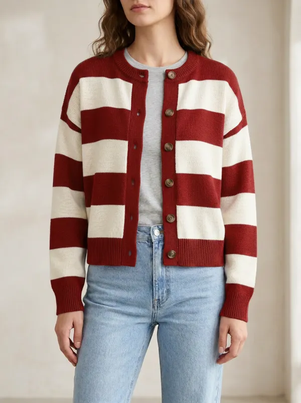 Rugby Striped Button Front Knit Cardigan