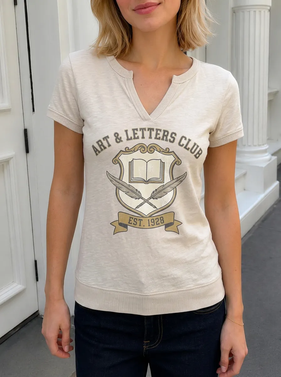 Women's Art & Letters Club Book Feather Crest Printed V-Neck T-Shirt