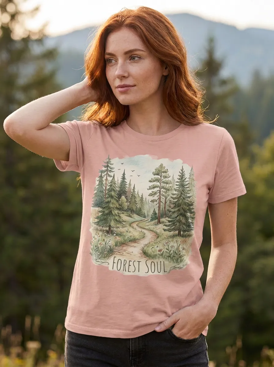 Women's Nature Lover Forest Path Watercolor Printed T-shirt